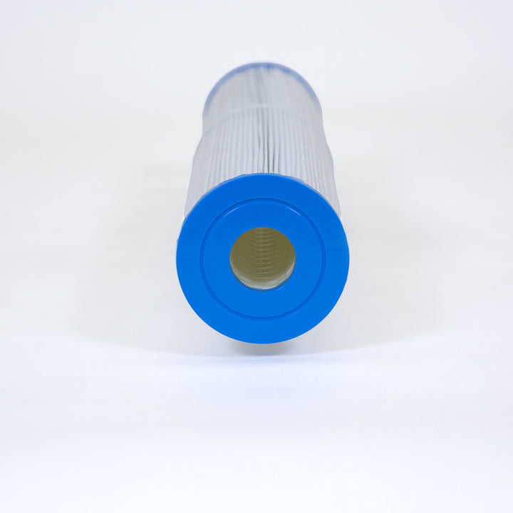 cylindrical pool filter cartridge with blue plastic ends and pleated white filter material in the center shown against a white background