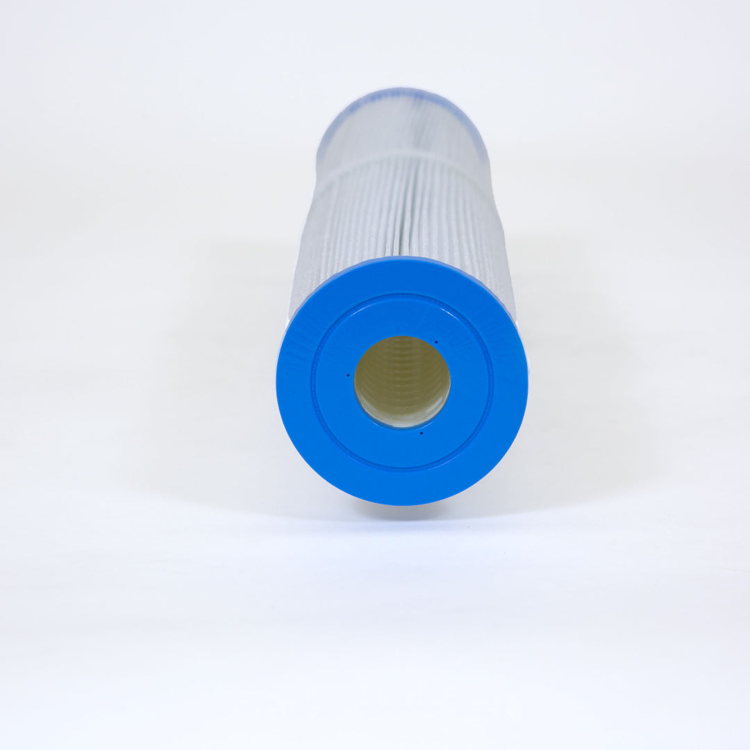 Cylindrical pool filter cartridge with blue plastic end caps and white pleated filter material set against a white background