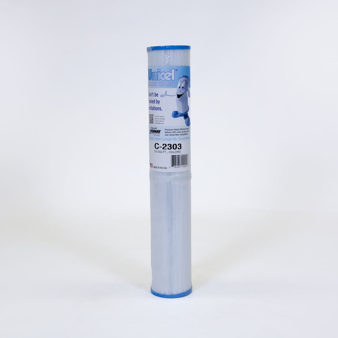 Tall cylindrical white pleated replacement filter cartridge with blue caps on both ends and a label with blue text and cartoon character