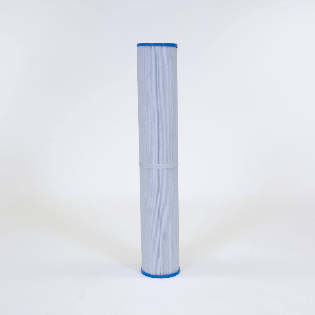 Tall cylindrical pool filter cartridge with white pleated material and blue caps on both ends standing upright on white surface