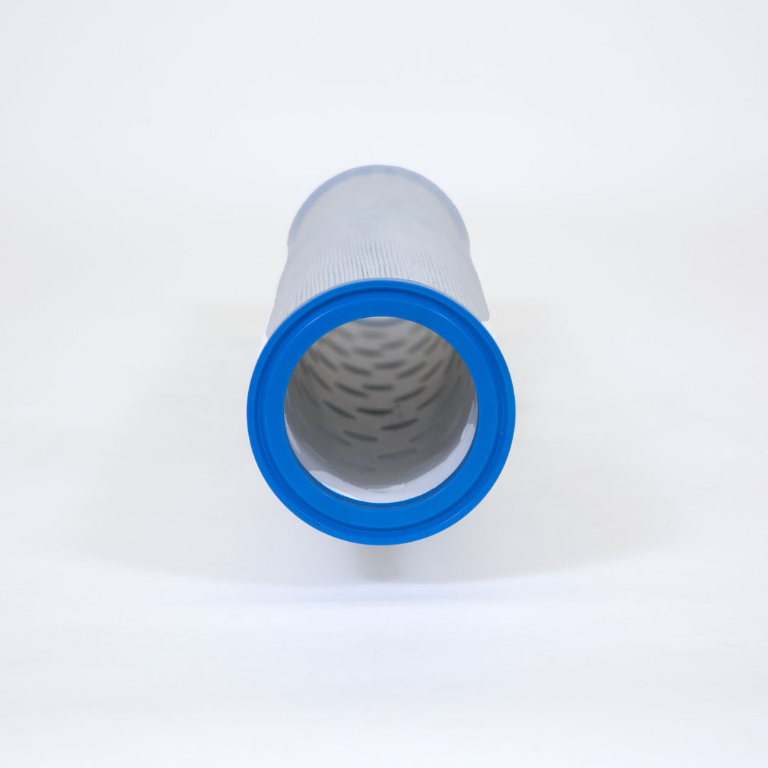 cylindrical replacement filter cartridge with blue plastic end and white pleated filter material inside