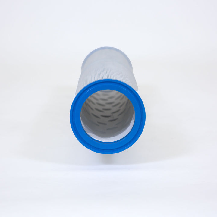 cylindrical replacement filter cartridge with blue plastic end and white pleated filter material inside