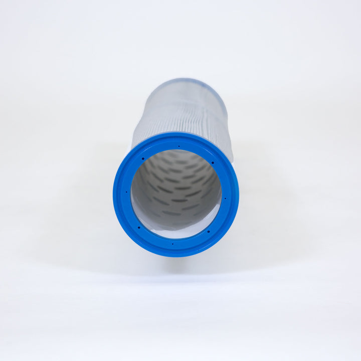 Cylindrical pool filter cartridge with a blue ring and gray pleated filter material on a white background