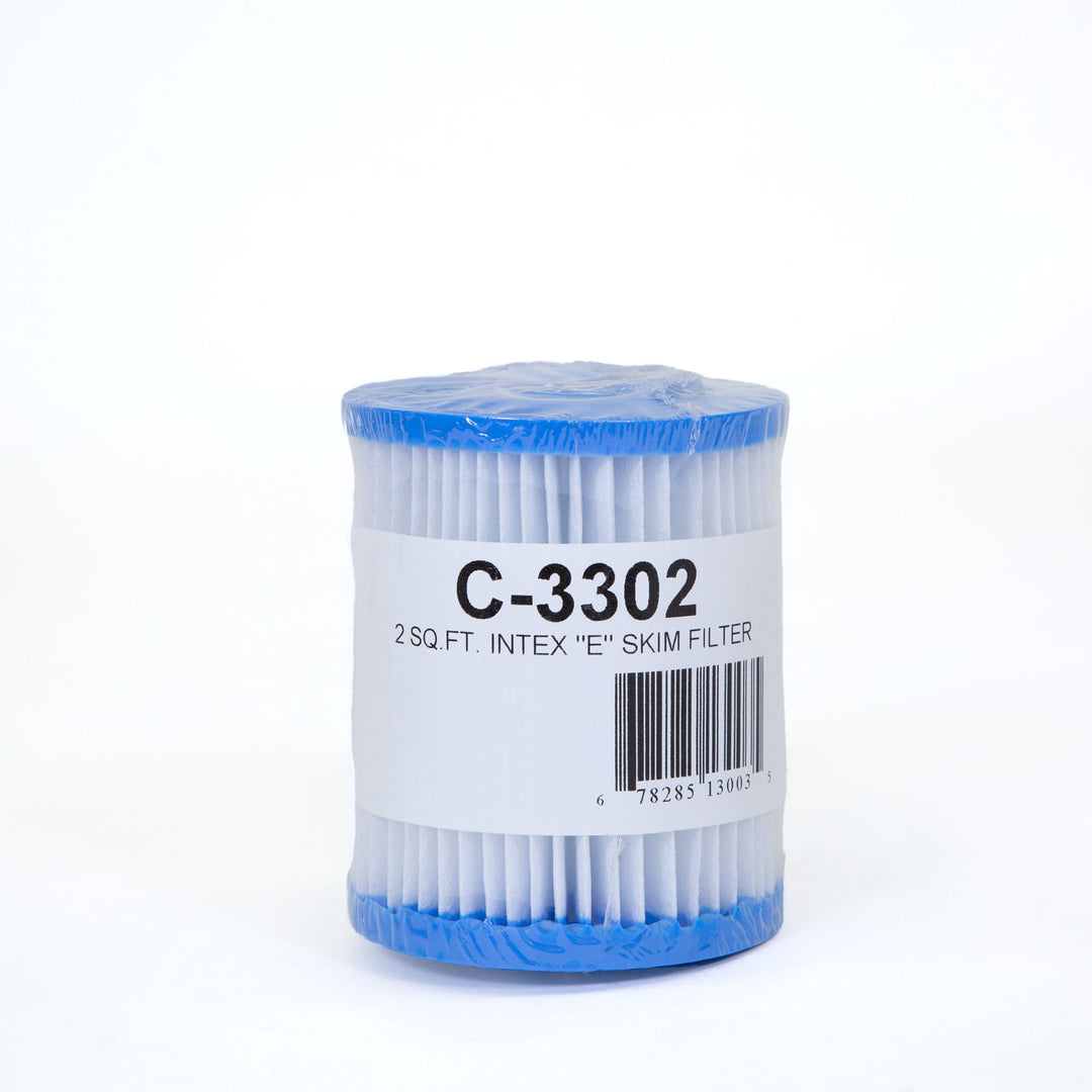 Cylindrical replacement filter cartridge with blue plastic ends and white pleated filter material wrapped in clear plastic