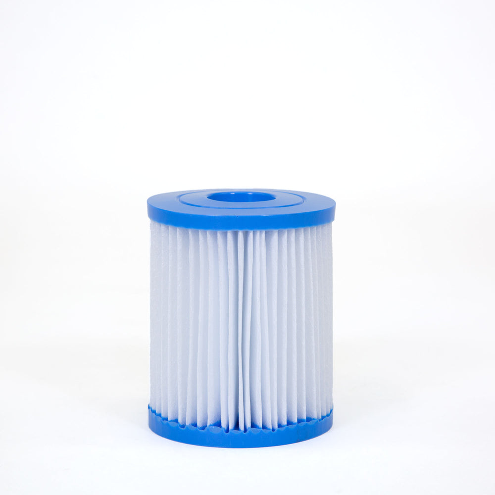 white cylindrical pleated filter cartridge with blue plastic top and bottom edges standing upright on white surface
