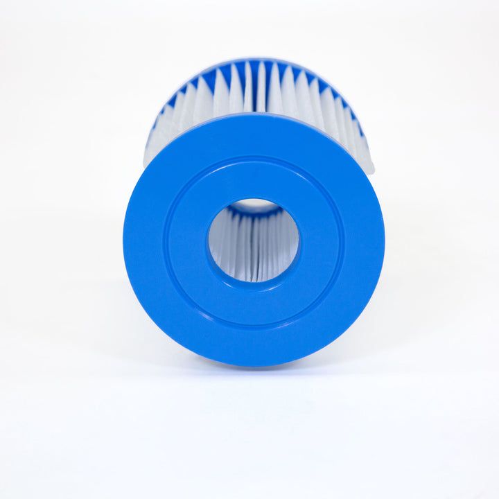 cylindrical pool filter cartridge with blue plastic end caps and white pleated filter material visible from front