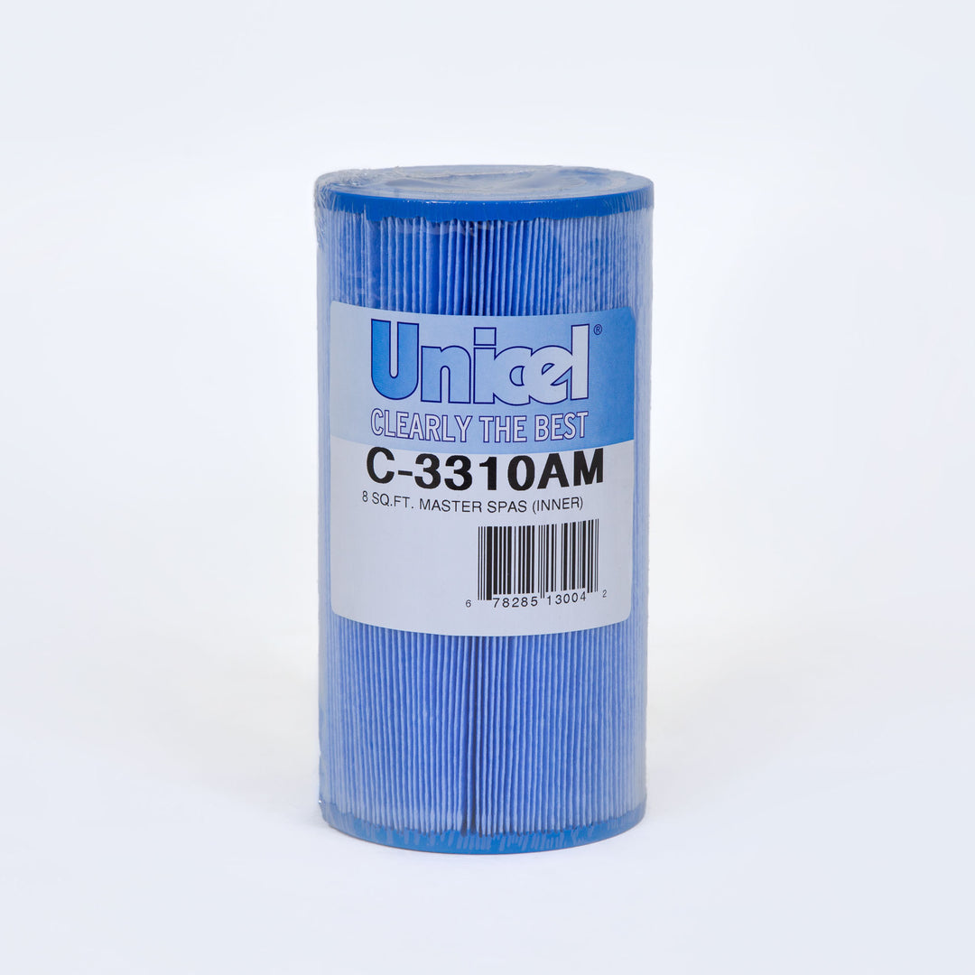 Blue cylindrical pool filter cartridge with Unicel label showing model C-3310AM and barcode