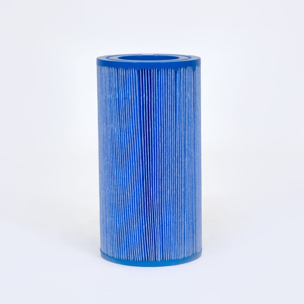 blue cylindrical pleated filter cartridge with solid top and bottom edges against white background