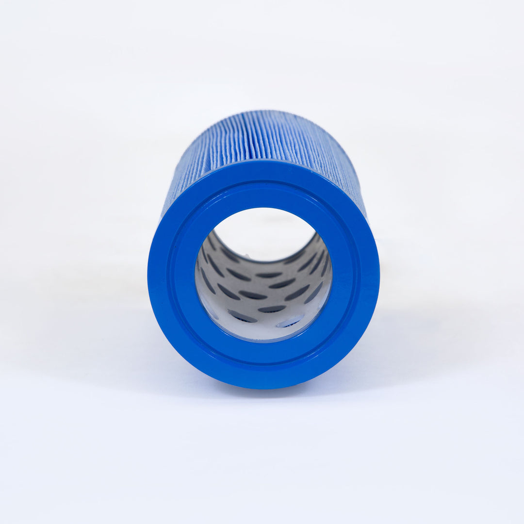 Blue cylindrical replacement filter cartridge with pleated surface and circular openings shown from one end on white background