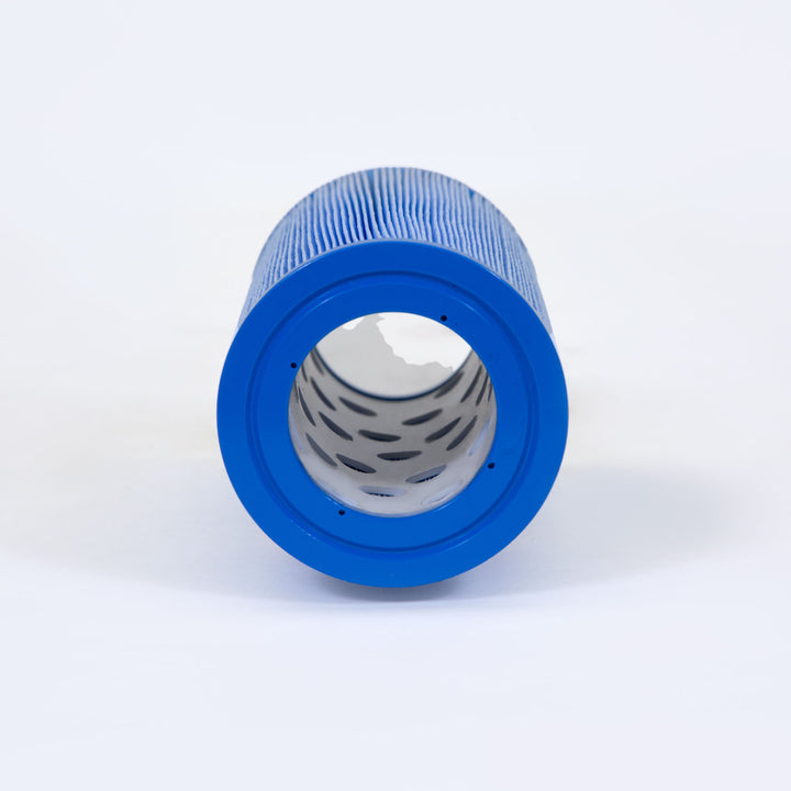 Blue cylindrical replacement filter cartridge with pleated outer surface and perforated metal inner core