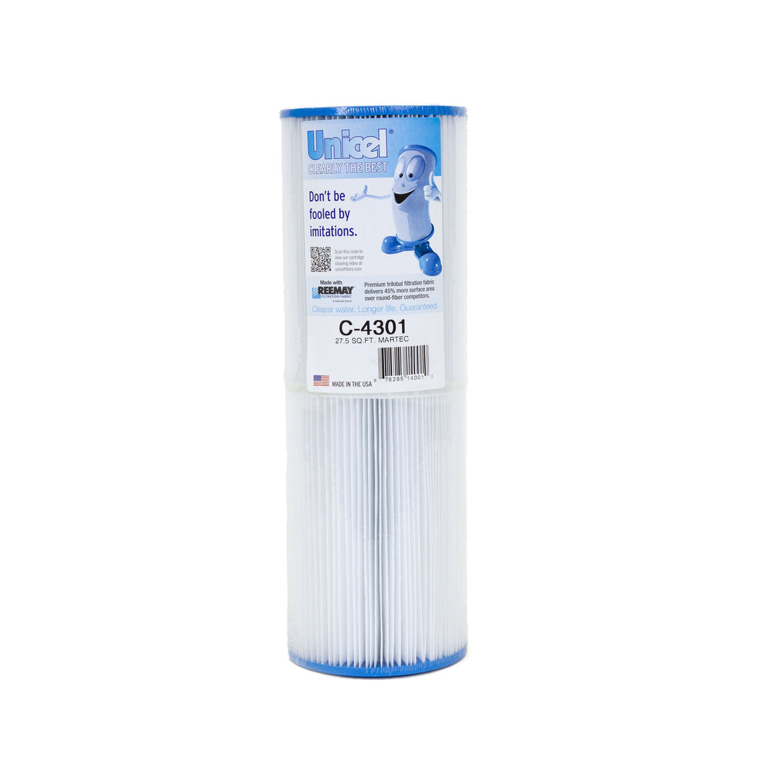 cylindrical white pleated water filter cartridge with blue ends and label featuring a cartoon filter character and product details