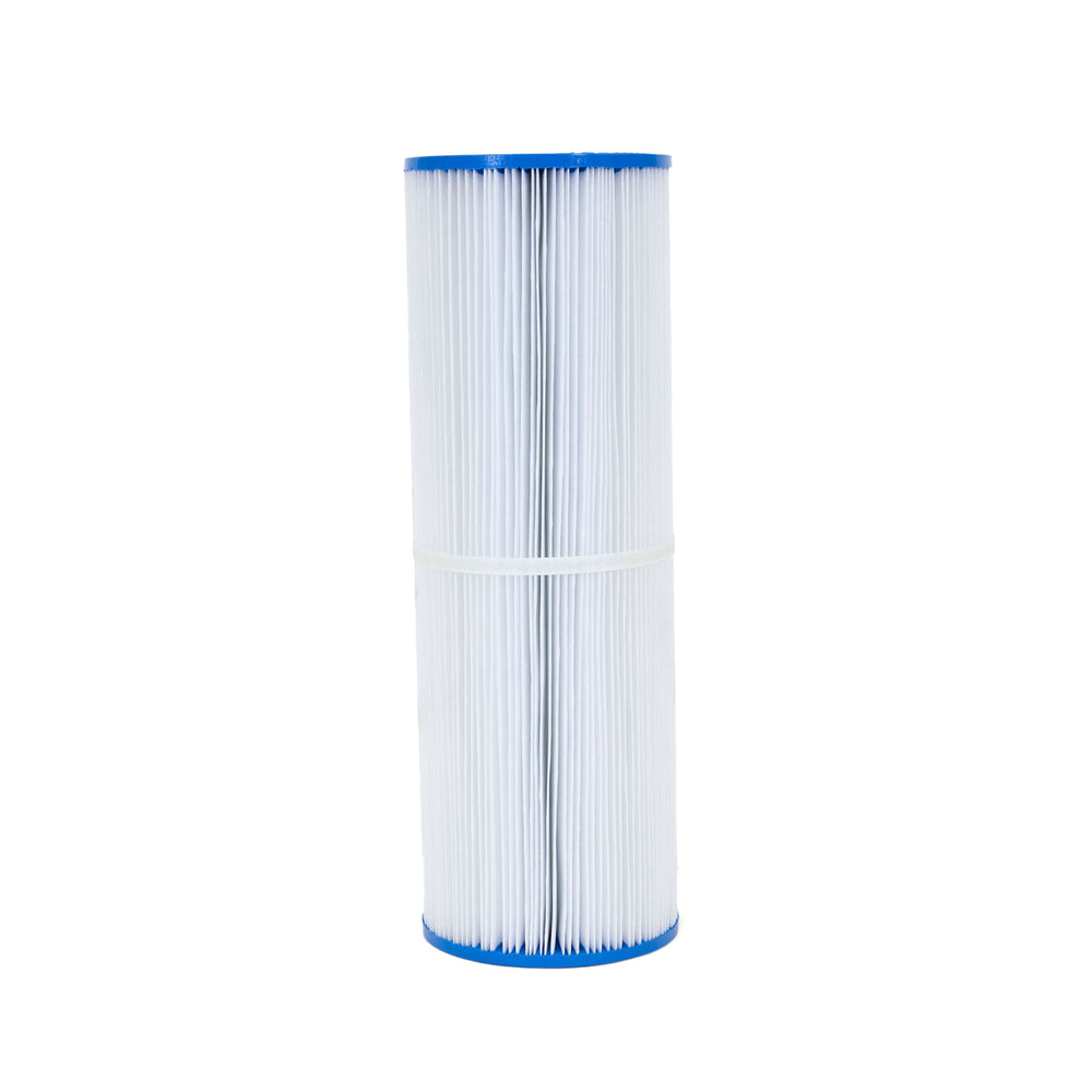 cylindrical pool filter cartridge with white pleated material and blue plastic end caps isolated on white background