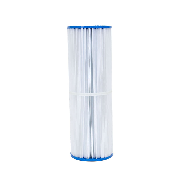 cylindrical pool filter cartridge with white pleated material and blue plastic end caps isolated on white background