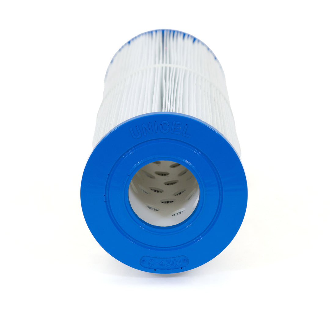 cylindrical white pleated filter cartridge with blue plastic end cap featuring embossed unicel text and model number c-4301