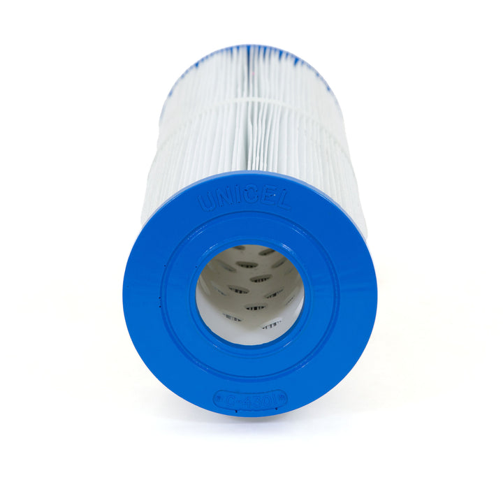 cylindrical white pleated filter cartridge with blue plastic end cap featuring embossed unicel text and model number c-4301