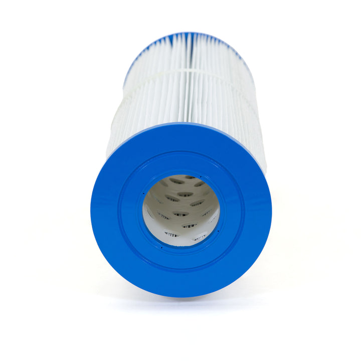 cylindrical pool filter cartridge with white pleated material and bright blue plastic ends on a white background