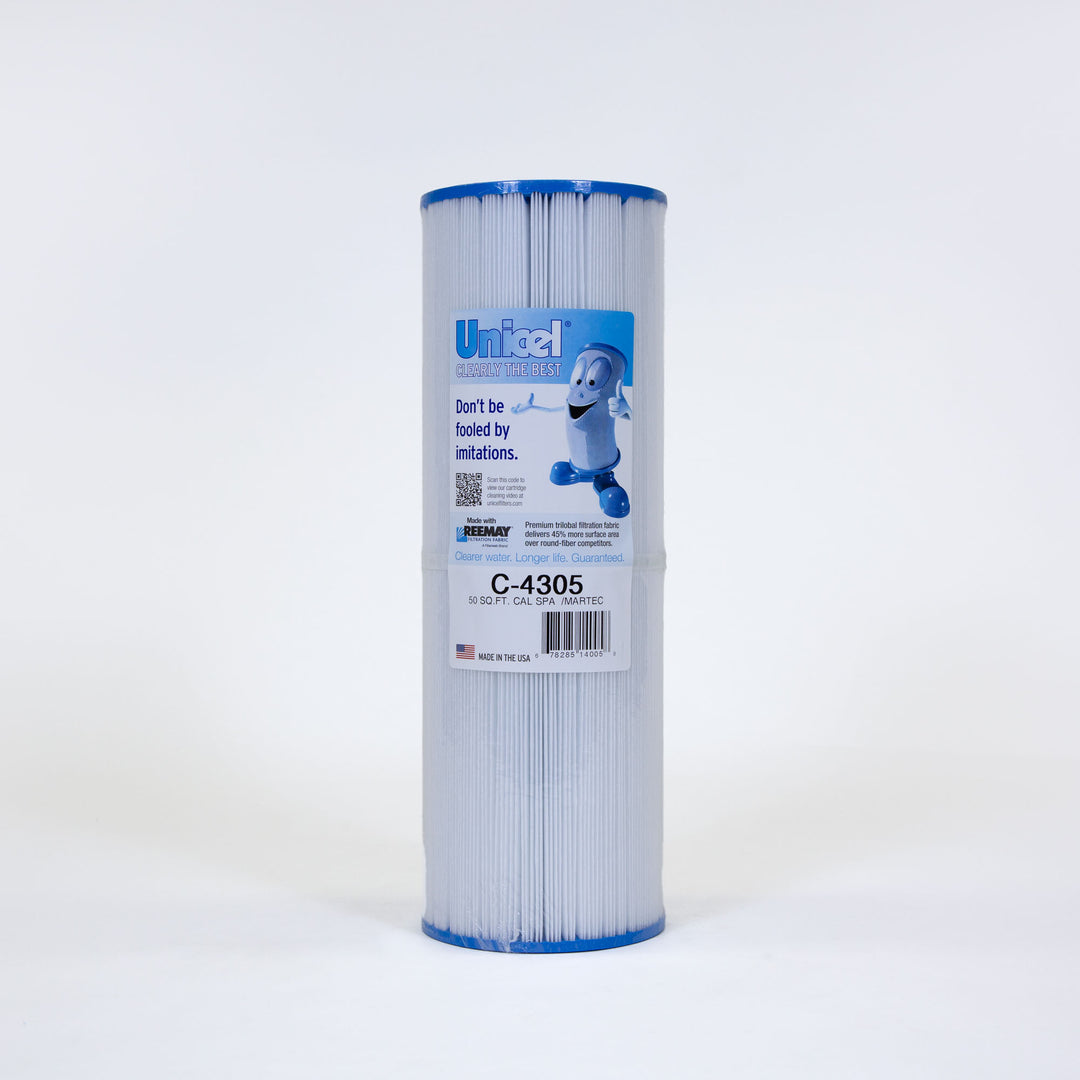 cylindrical pleated pool filter cartridge with blue caps on both ends and white body with multiple labels including a cartoon filter character