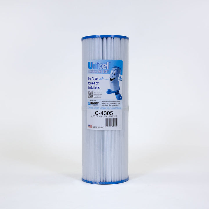 cylindrical pleated pool filter cartridge with blue caps on both ends and white body with multiple labels including a cartoon filter character