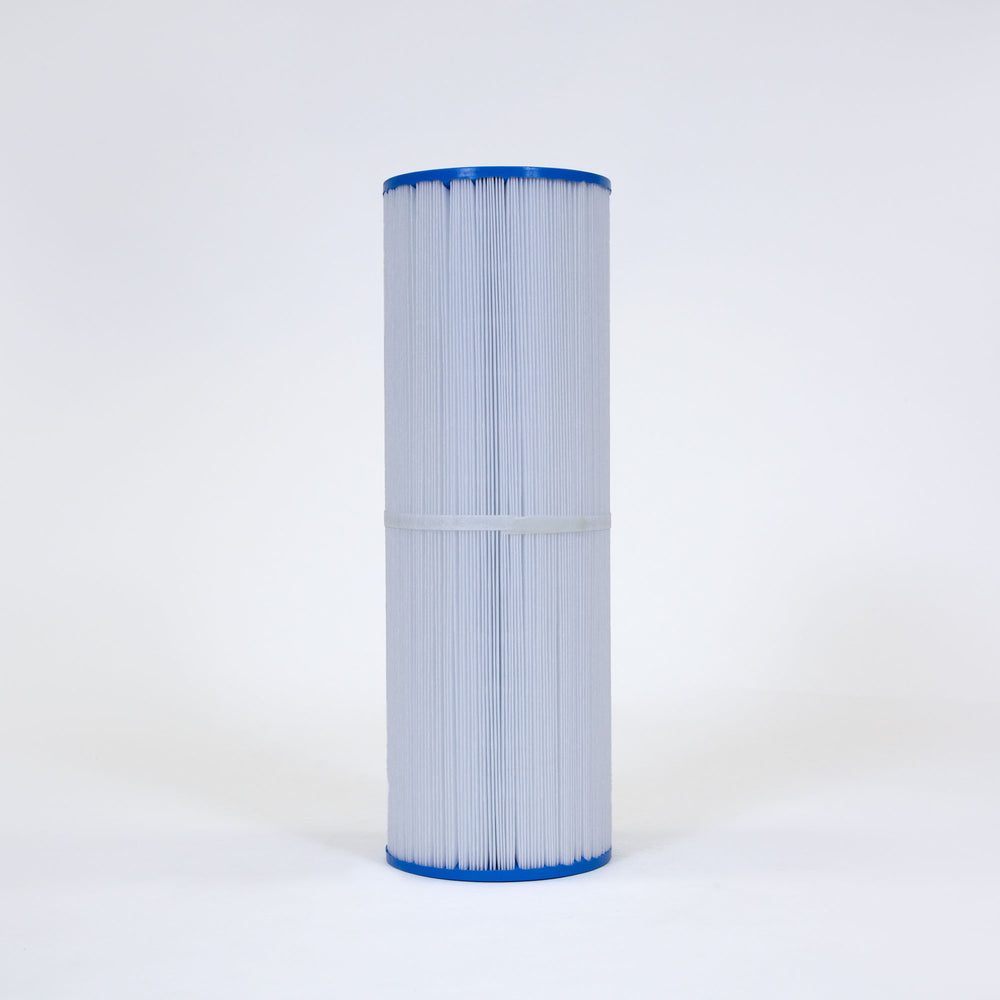 Cylindrical pleated white filter cartridge with blue end caps and a central zip tie on a plain background