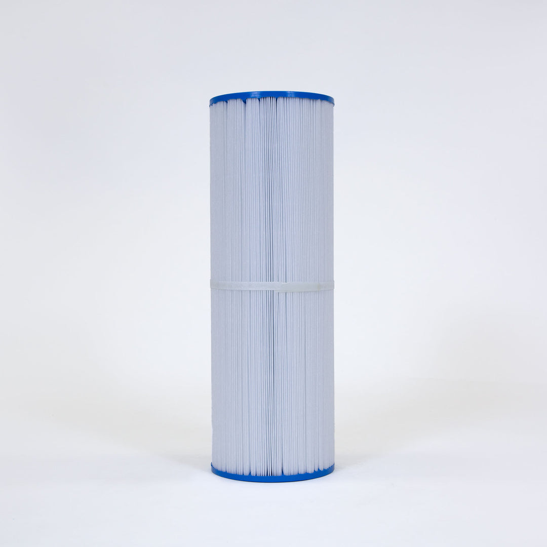 Cylindrical pleated white filter cartridge with blue end caps and a central zip tie on a plain background