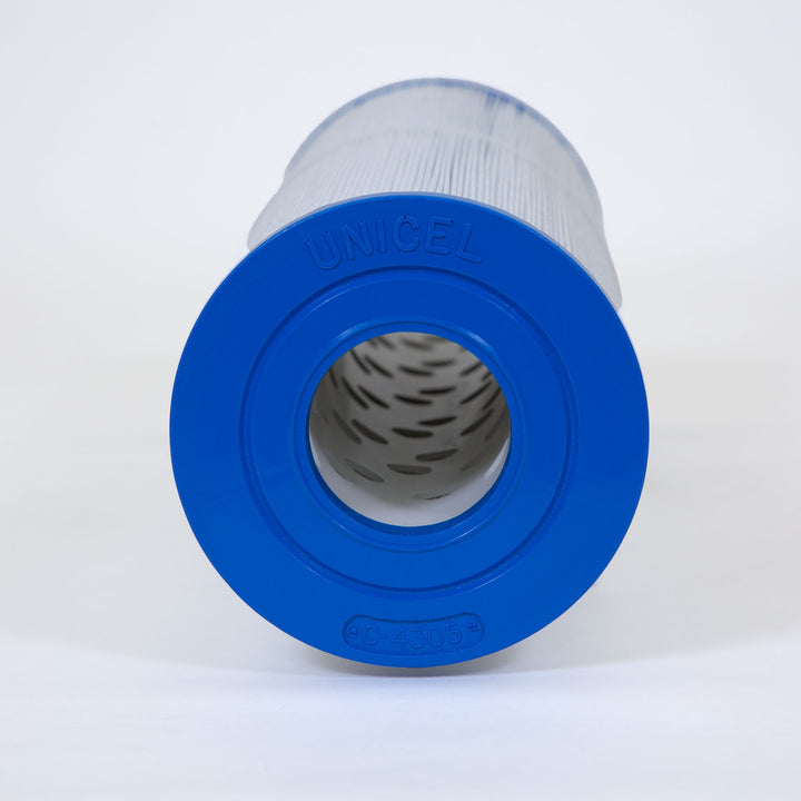 Cylinder shaped pool or spa filter cartridge with blue end caps and pleated white filtering material