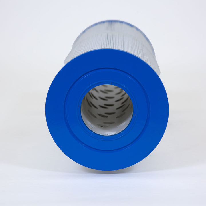 Cylindrical pool filter cartridge with white pleated material and bright blue end caps against a white background