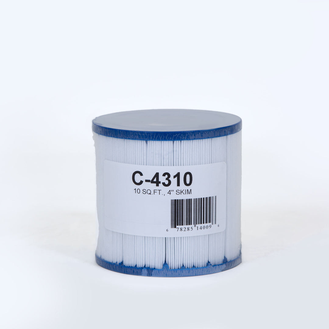 cylindrical white pool filter cartridge with blue top and bottom edges and barcode label marked C-4310