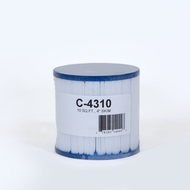 cylindrical white pool filter cartridge with blue top and bottom edges and barcode label marked C-4310