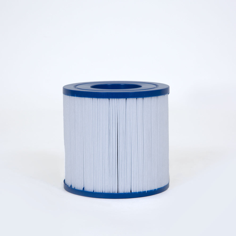 Cylindrical pool filter cartridge with white pleated material and blue plastic top and bottom edges on a plain background