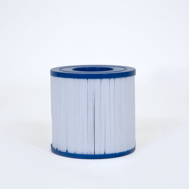 Cylindrical pool filter cartridge with white pleated material and blue plastic top and bottom edges on a plain background
