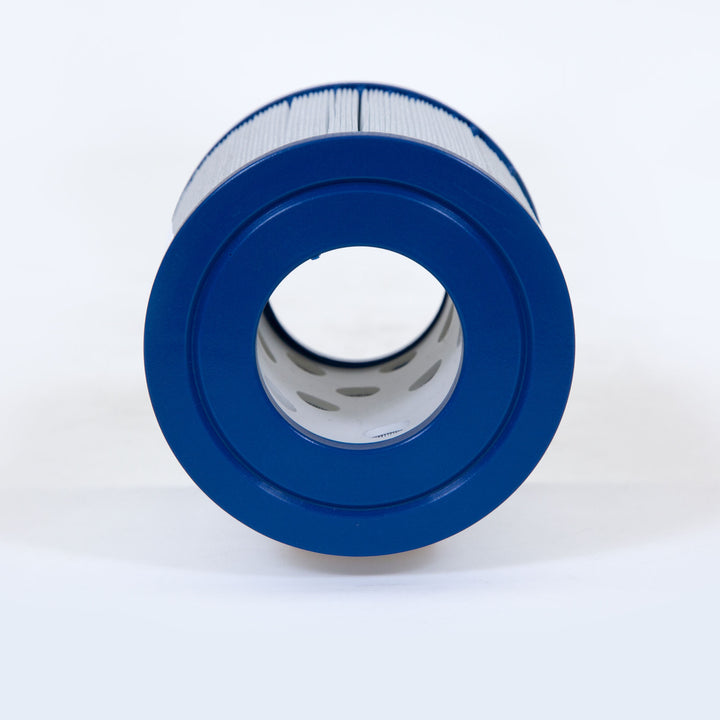 cylindrical replacement filter cartridge with blue rubber ends and pleated white filter material in the middle