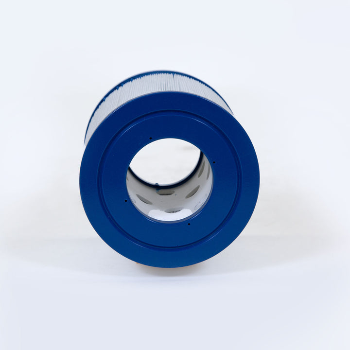 cylindrical water filter cartridge with pleated white filter material and blue plastic end caps shown from the front