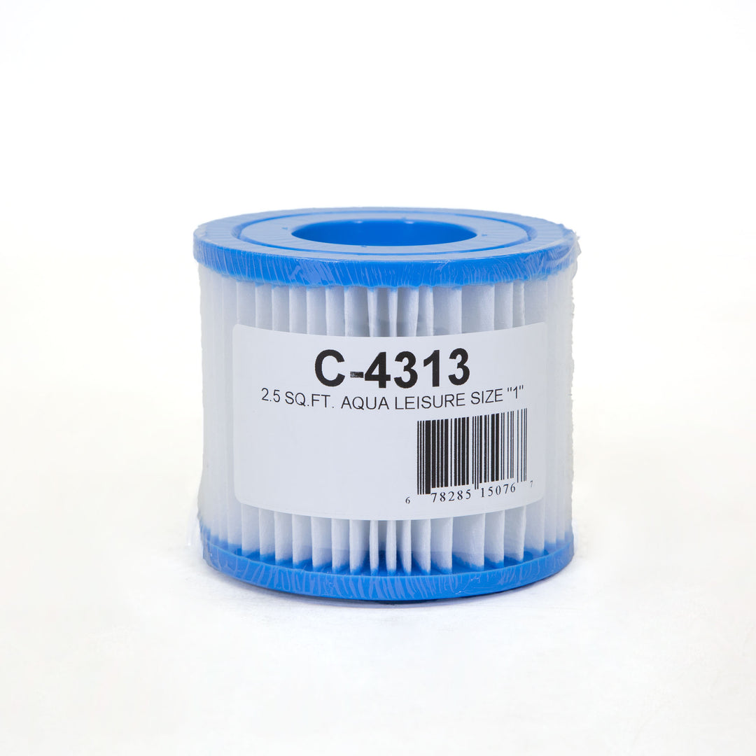 cylindrical pool filter cartridge with blue plastic top and bottom and white pleated filter material wrapped in clear plastic