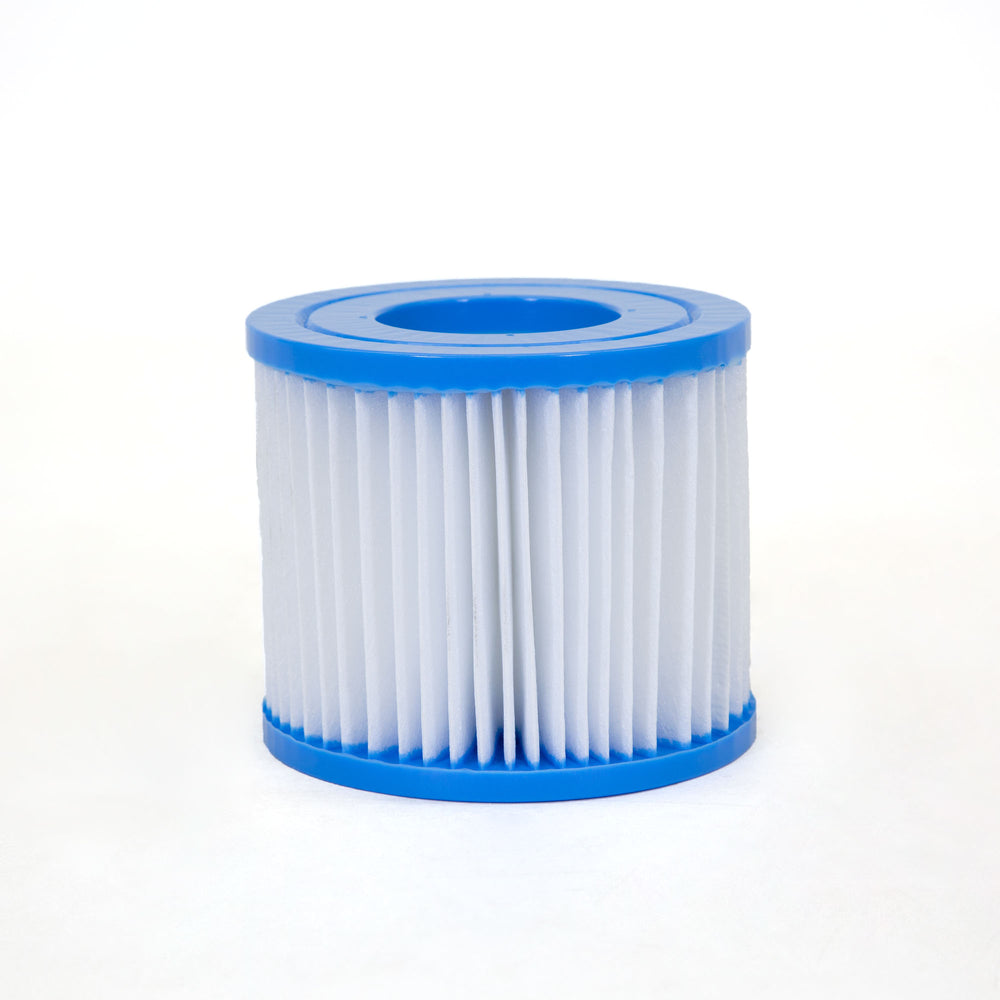 cylindrical pool filter cartridge with white pleated filter material and blue plastic rim on top and bottom