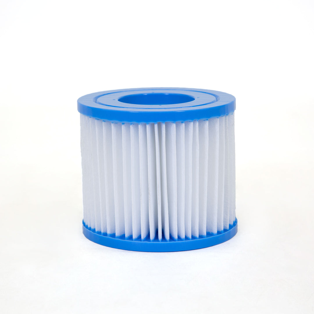 cylindrical pool filter cartridge with white pleated filter material and blue plastic rim on top and bottom