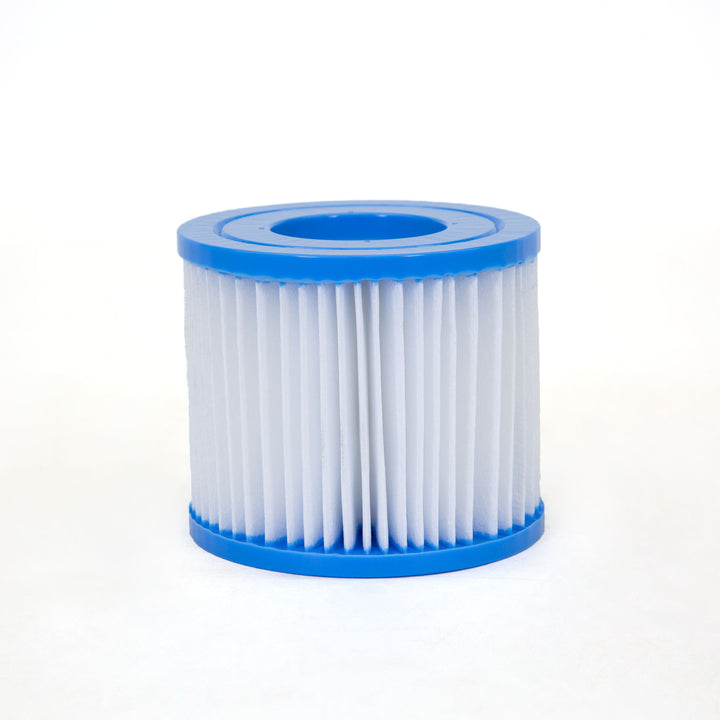 cylindrical pool filter cartridge with white pleated filter material and blue plastic rim on top and bottom