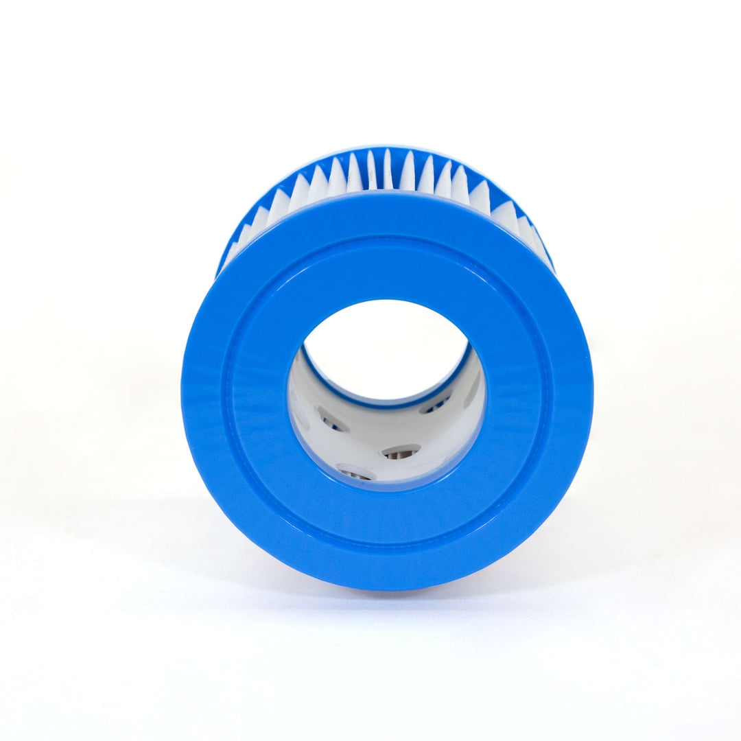 cylindrical water filter cartridge with white pleated material and blue plastic ends on a white background