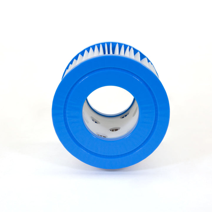 cylindrical water filter cartridge with white pleated material and blue plastic ends on a white background
