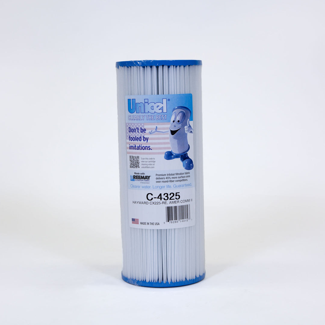 cylindrical pool filter cartridge with blue edges and a label featuring a cartoon filter character giving thumbs up