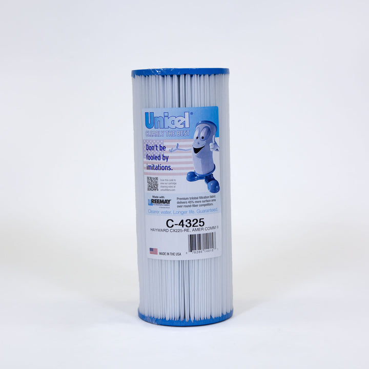 cylindrical pool filter cartridge with blue edges and a label featuring a cartoon filter character giving thumbs up