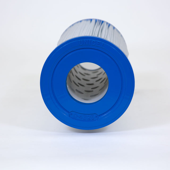 Cylindrical pool filter cartridge with blue plastic end caps and white pleated filter material inside