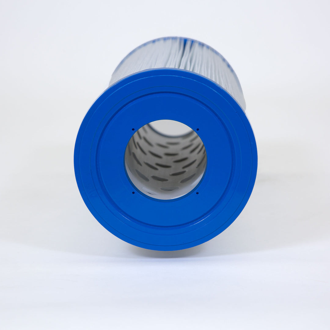 Cylindrical pool filter cartridge with blue plastic end cap and pleated filter material inside a hollow core