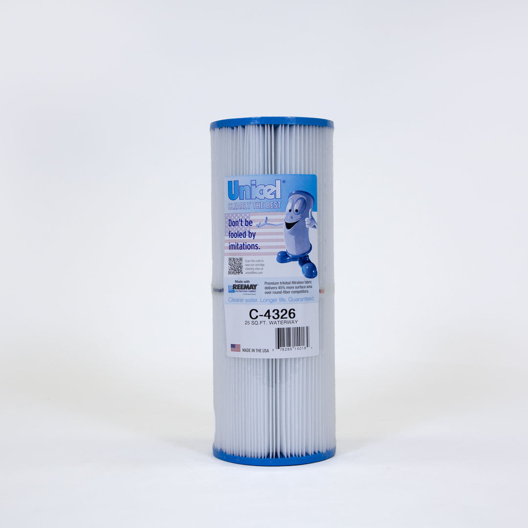 cylindrical pool filter cartridge with pleated white filtration fabric and blue end caps standing upright