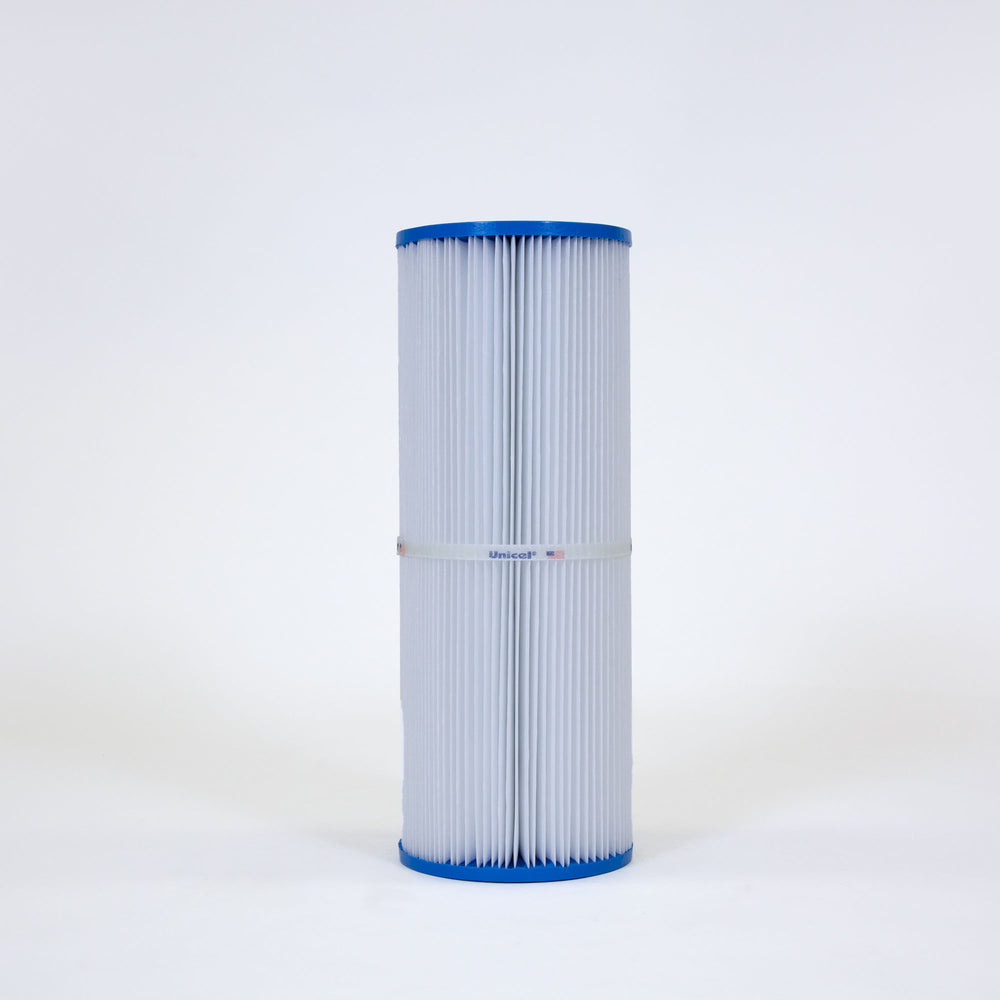 Tall cylindrical pool filter cartridge with blue caps on top and bottom and white pleated filter material