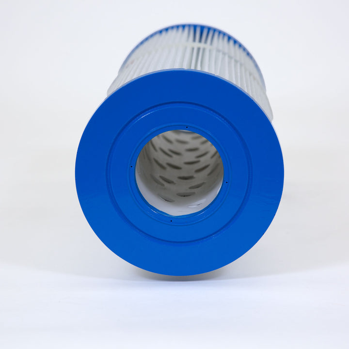 Cylindrical pool filter cartridge with blue plastic end caps and pleated white filter material on a white background