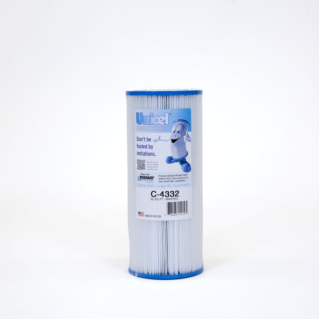 cylindrical white pool filter cartridge with blue end caps and a label featuring a smiling cartoon filter giving a thumbs up
