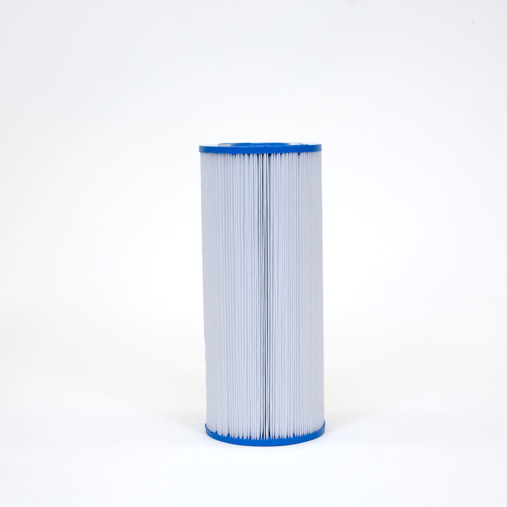 cylindrical pool filter cartridge with white pleated filter material and blue plastic end caps isolated on white background