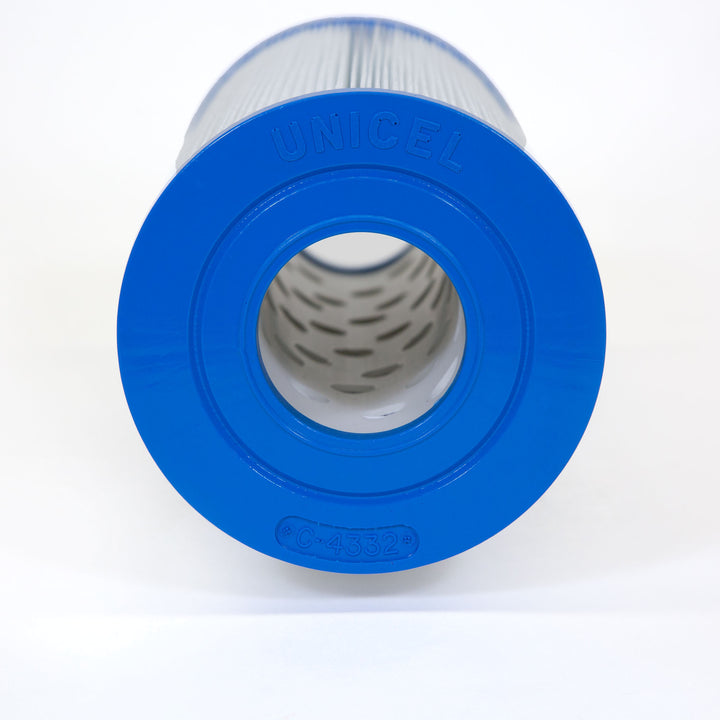 cylindrical filter cartridge with bright blue end caps and white pleated filter material inside