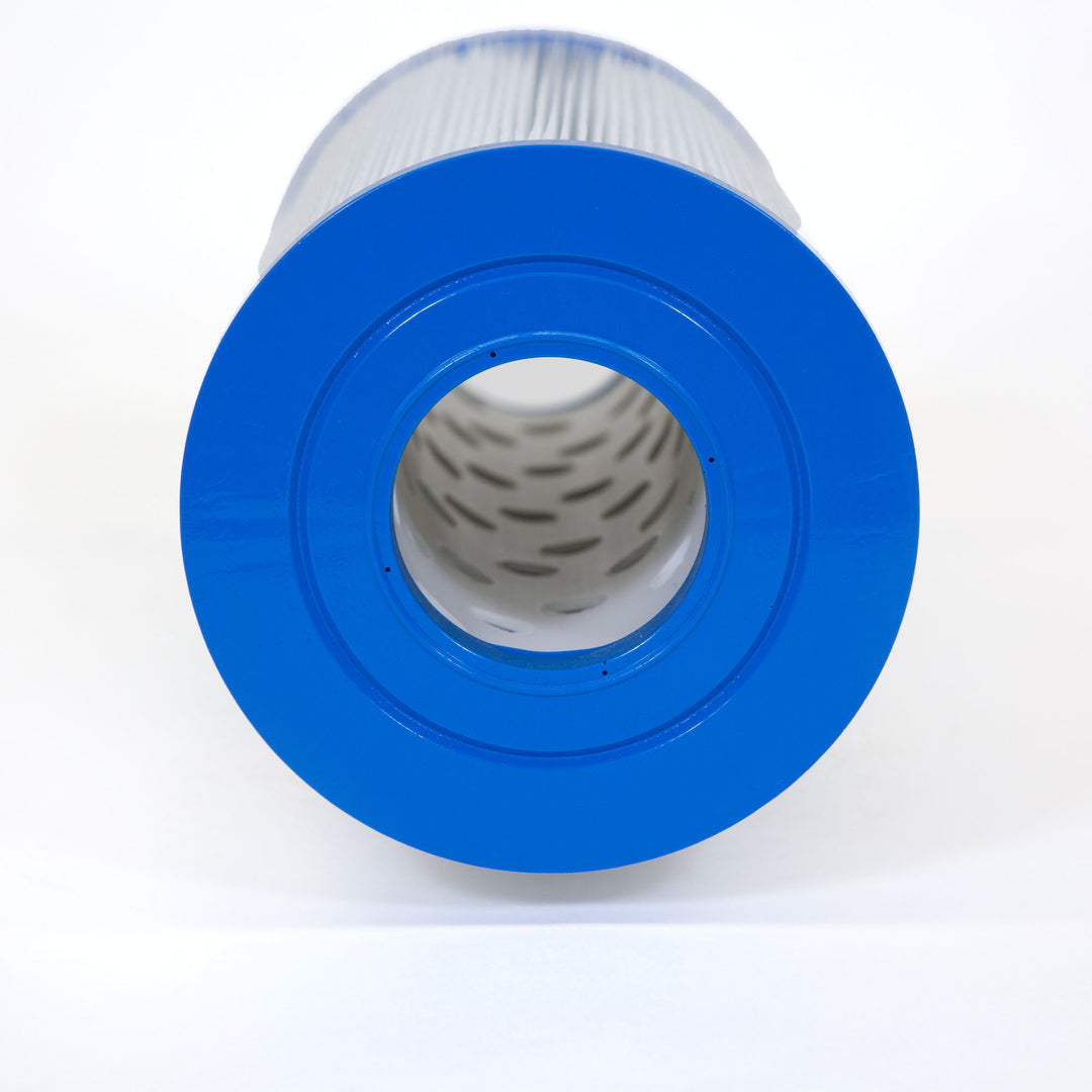 Cylindrical pool filter cartridge with blue plastic end cap and white pleated filtration material inside