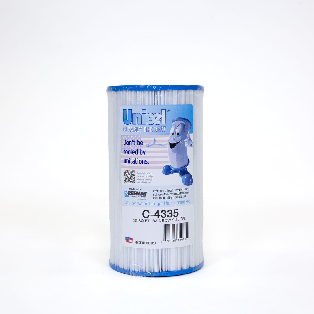 Cylindrical pool filter cartridge with blue end caps and a label featuring a cartoon filter mascot giving a thumbs up